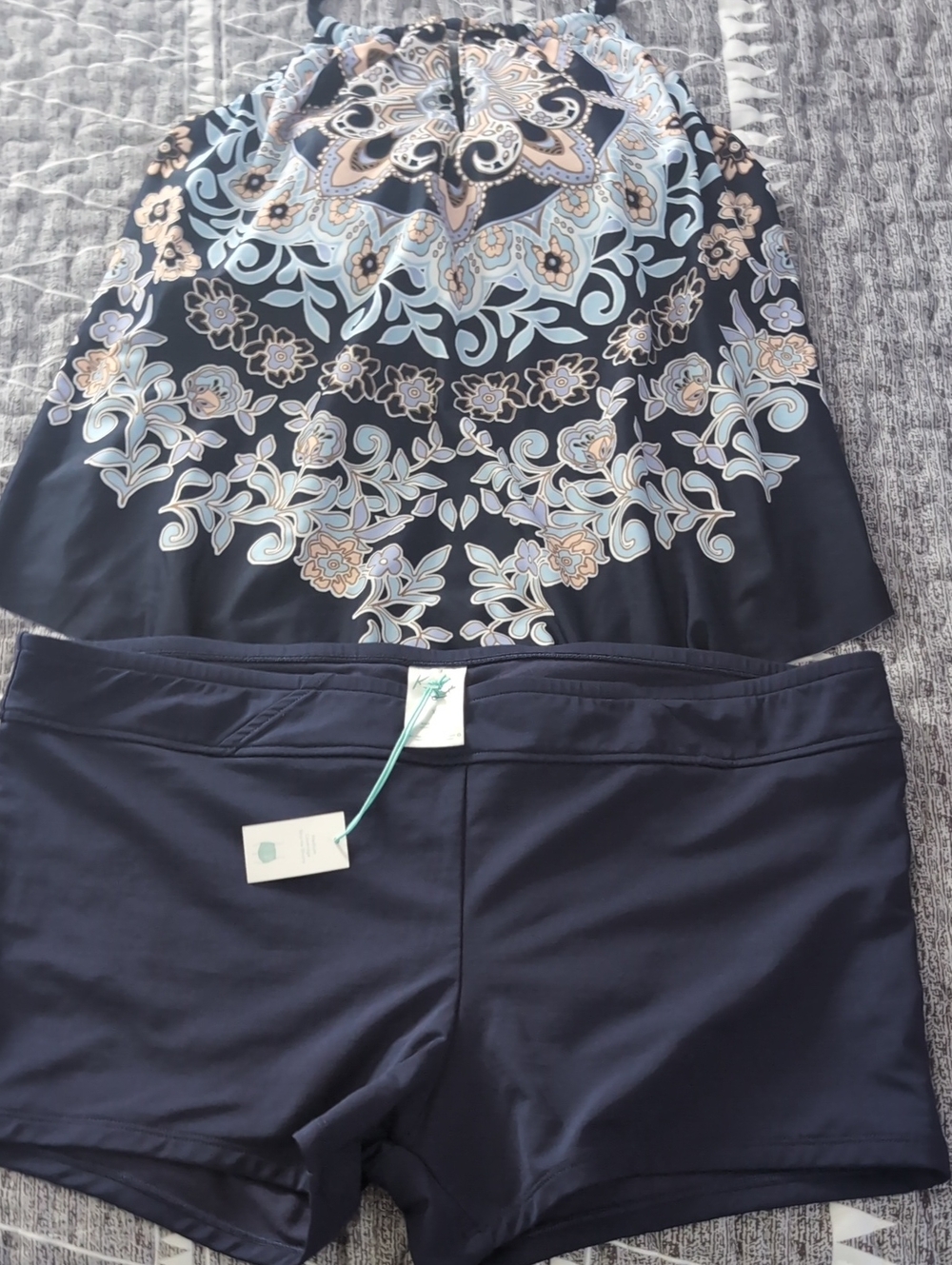 Kona Sol Navy Swim Halter Top And Bike Shorts with Light Blue & Cream Accents